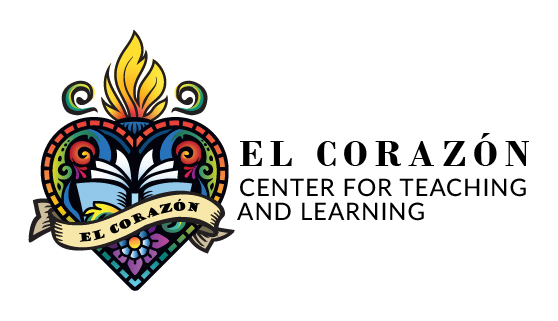 Logo for El Corazón Center for Teaching and Learning showing a heart that contains a book, a flower and other shapes with a flame coming out the top