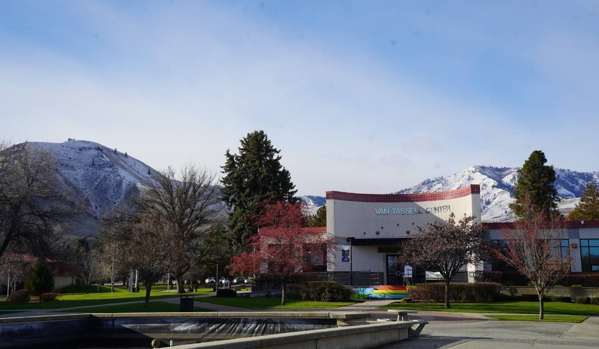 Wenatchee Campus in late winter with snowy foothils in the background.