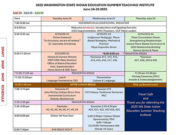 A snapshot of the three-day Summer Teaching Institute schedule with the dates and times of the presentations.