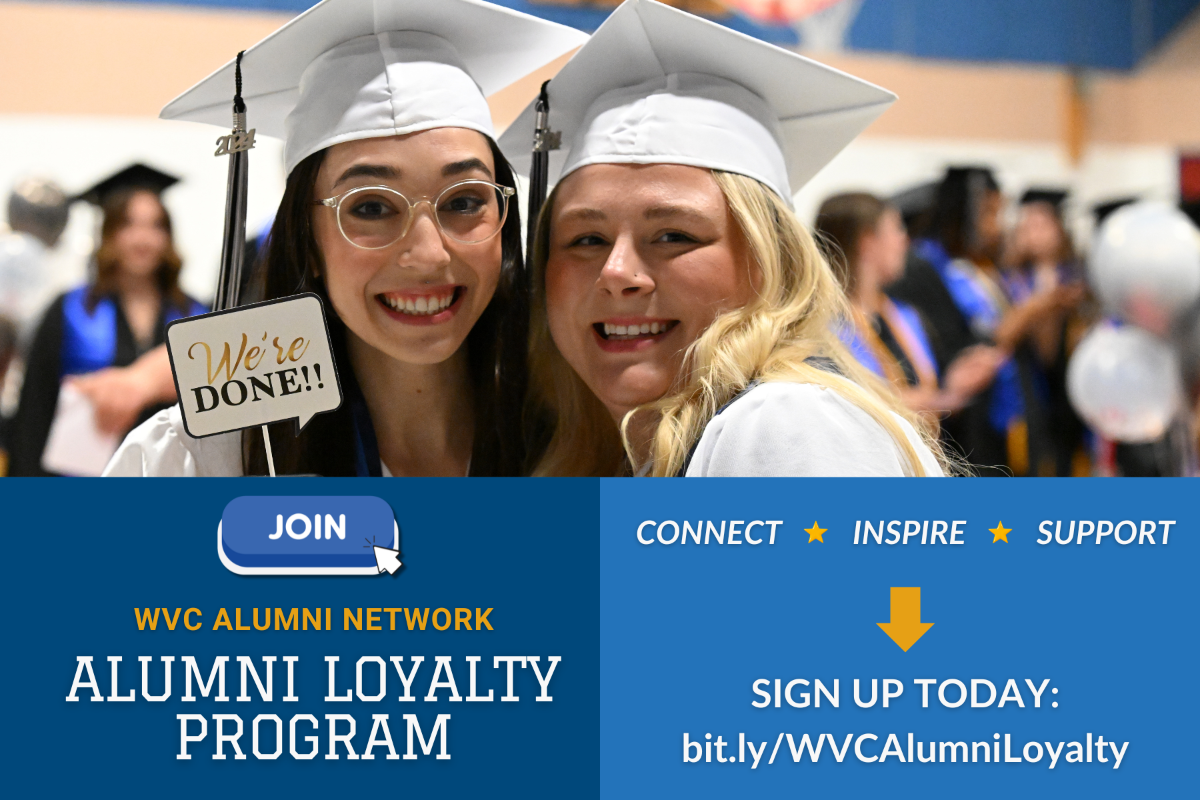 Flyer promoting "Join WVC Alumni Network" with image of two graduates.