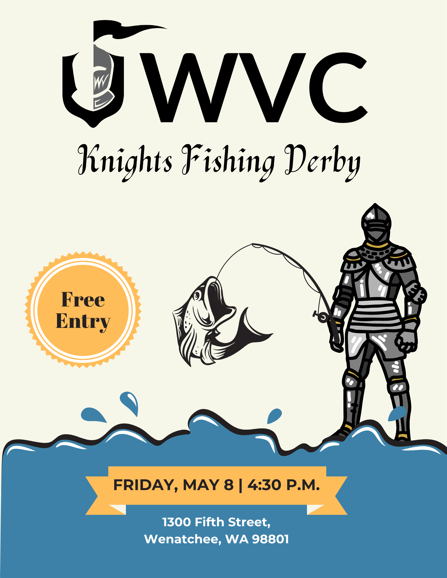 Graphic showing artclip of knight fishing in blue water. Event title says, "WVC Knights Fishing Derby".