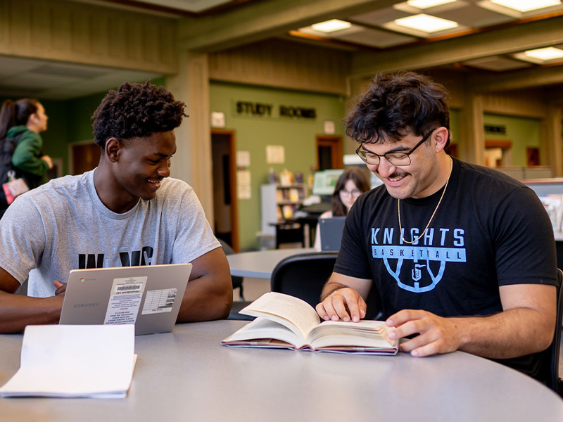 Two male students studying at a table in the library.