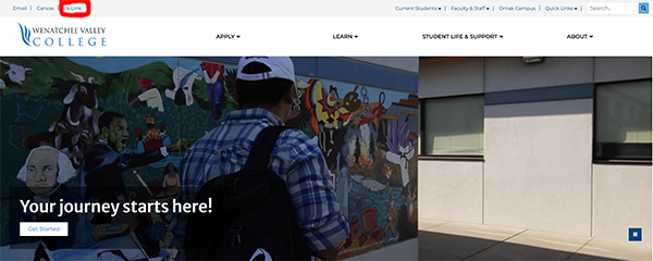 A screenshot of the Wenatchee Valley College homepage with the ctcLink tab circled in red.