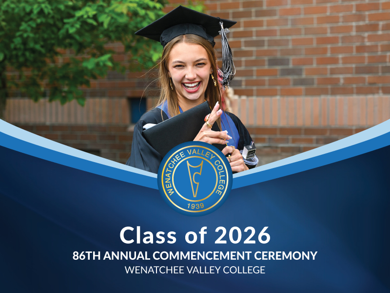 The cover of the 2026 graduation program, showing a young woman in graduation robes and holding her diploma.
