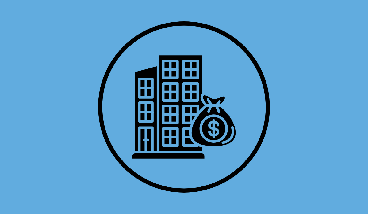 A blue box with an icon of a black building and money bag.