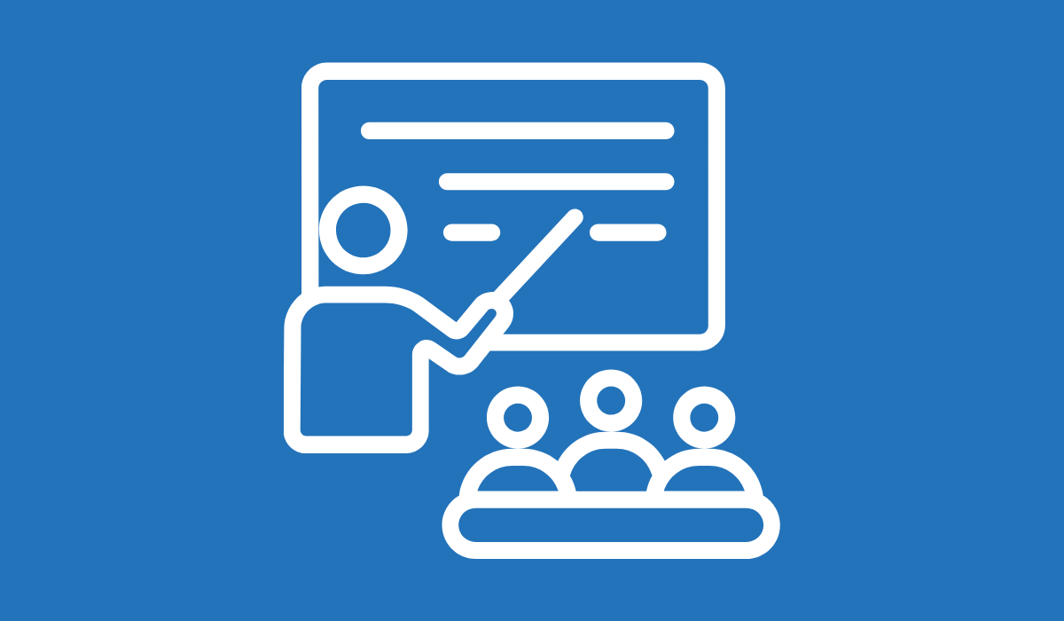 A white icon of a class against a blue background.