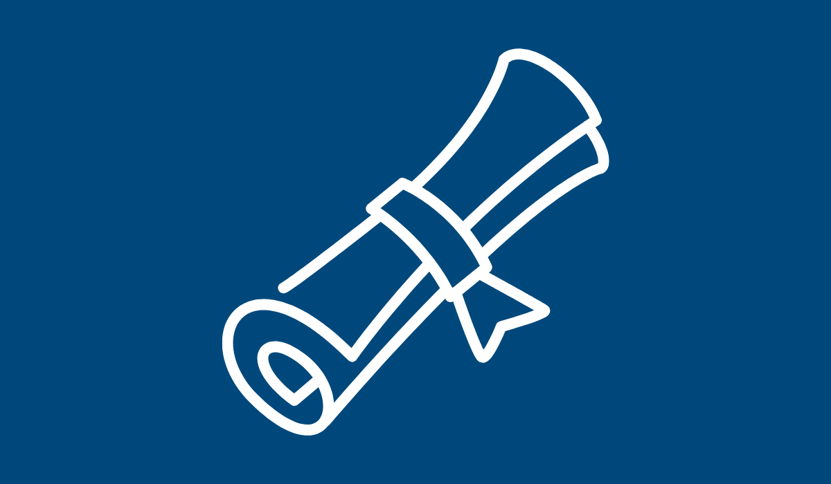 A white icon of a diploma against a dark blue background.