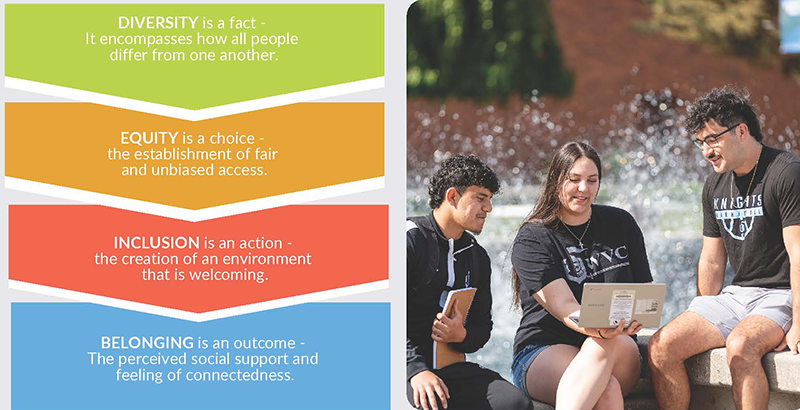 A graphic showing the definitions: diversity is a fact; it encompasses how all people differ from one another. Equity is a choice, the establishment of fair and unbiased access. Inclusion is an action, the creation of an environment that is welcoming. Belonging is an outcome, the perceived social support and feeling of connectedness.